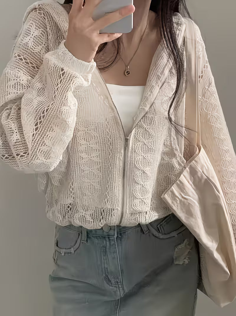 New Age-Reducing Hollow Jacquard Drawstring Hem Long Sleeve Hooded Lace Sunscreen Coat