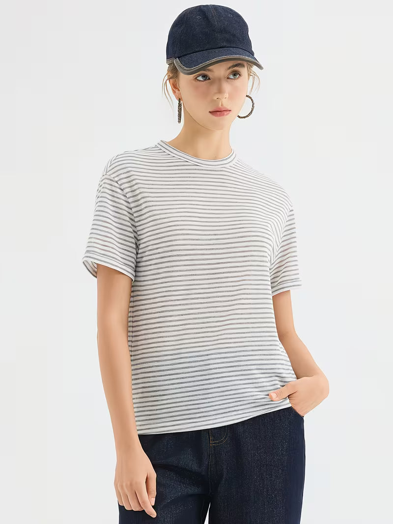 Women's Viscose Striped T-Shirt - Soft Round Neck Short Sleeve Suitable for Summer Casual & -Casual Wear, -Line Regular Fit -Fit Top, Non- Suitable for Office, Semi-Formal Events, Year-Round Layering