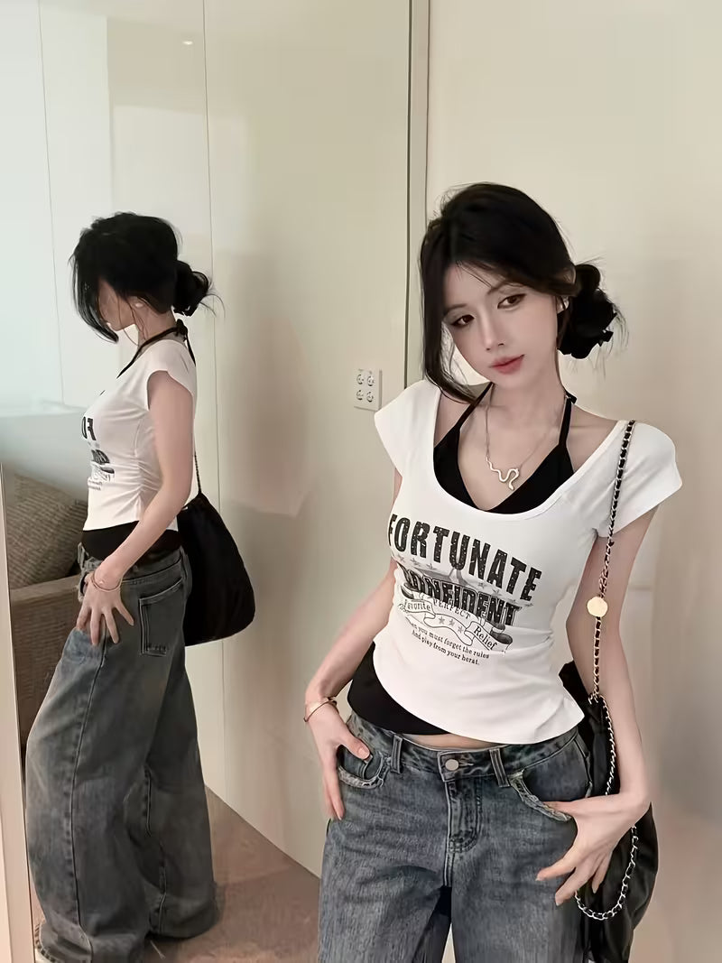 Letter Print Short-Sleeve T-Shirt for Women | Summer Design, Unique Faux Two-Piece Top, Trendy Halter Tank Top for Layering or Wearing Alone, Cropped Style