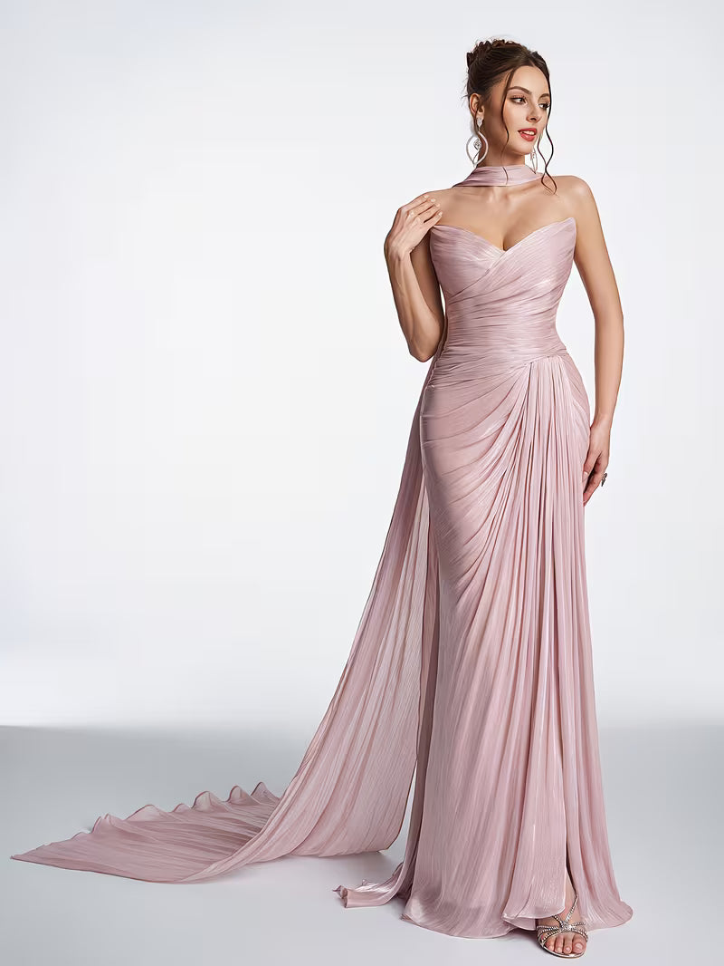 Women's Strapless Ruched Wrap Evening Gown - Dusty Pink Shimmery Chiffon Floor-Length Dress