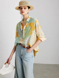 Women's 100% Mulberry Printed Crepe Oversized Long Sleeve Shirt, Relaxed Casual Button-Up Blouse