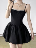 French-Style Elegant Cinched-Waist Bud Skirt, Color-Block Lace Trim Camisole Dress, Casual Short Dress with Cute Bow Accent on the Chest, Women's Summer Street Fashion Black Dress