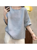 Women's -Linen Short-Sleeve T-Shirt, New Summer Style, Loose, Casual, Versatile, Breathable Top, Solid Color, Round Neck Pullover Shirt