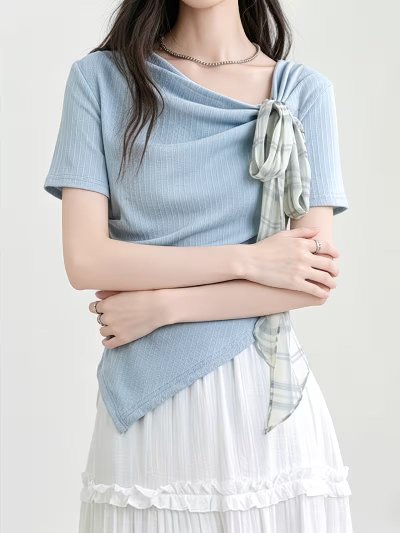 Women's Summer New Korean-style Irregular Short-sleeve T-shirt, Summer Pure and Gentle Short Top for Women