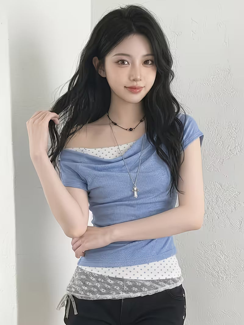 Korean Style Gentle Girly Blue Polka Dot Print 2-in-1 Look Off-Shoulder Women's T-Shirt, Cowl Neck Off-Shoulder Waist-Cinching Hot Short Sleeve Summer New Arrival Daily Wear Women's Top
