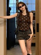In-Stock High-Quality French-Style Unique Round Neck Camisole Tank Top, Summer Lightweight Polka Dot Print Sleeveless Cropped Simple Versatile Top