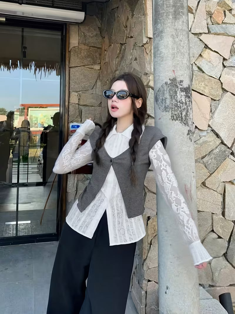 Summer Patchwork Fake Two-Piece Collar Casual Long Sleeve Fashion Easy Style Shirt