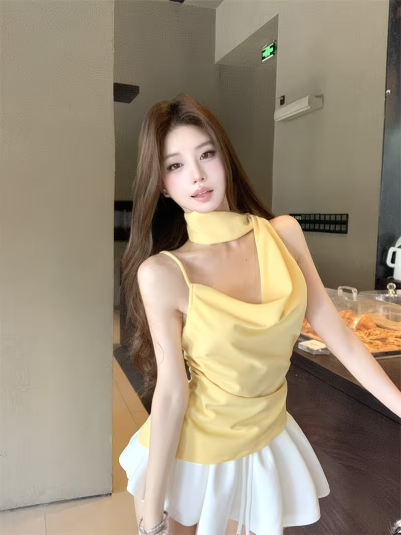 Yellow Ribbon Flowing Collar Women's Summer Short-sleeved Backless Top with Straps