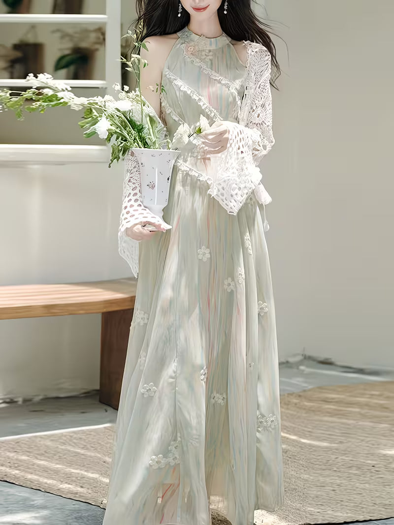 New Fashion Elegant Temperament Vacation Style Lace Striped Decorative Off-The-Shoulder Waist-Cinching Dress, Women'S Long Dress