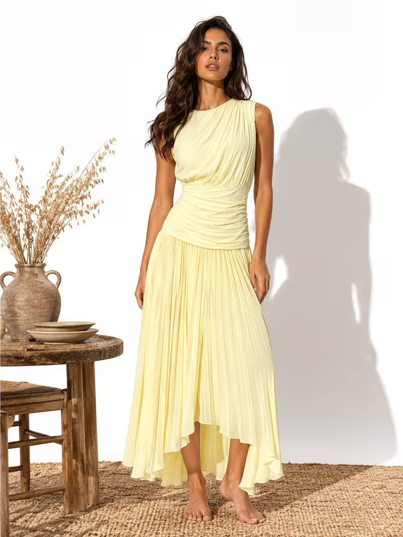 Women Sleeveless Stand Collar Ruched Waist Maxi Dress, Pleated Irregular Hem Split Long Dress for Daily Vacation Office Use