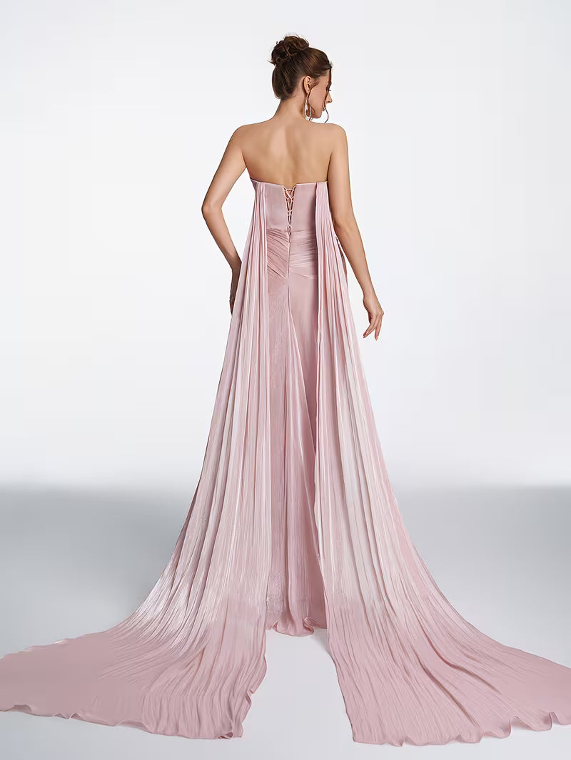 Women's Strapless Ruched Wrap Evening Gown - Dusty Pink Shimmery Chiffon Floor-Length Dress