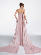 Women's Strapless Ruched Wrap Evening Gown - Dusty Pink Shimmery Chiffon Floor-Length Dress