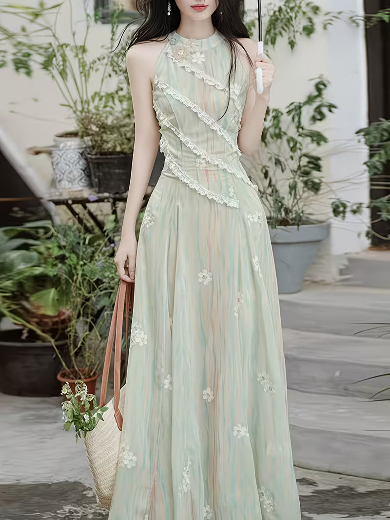 New Fashion Elegant Temperament Vacation Style Lace Striped Decorative Off-The-Shoulder Waist-Cinching Dress, Women'S Long Dress