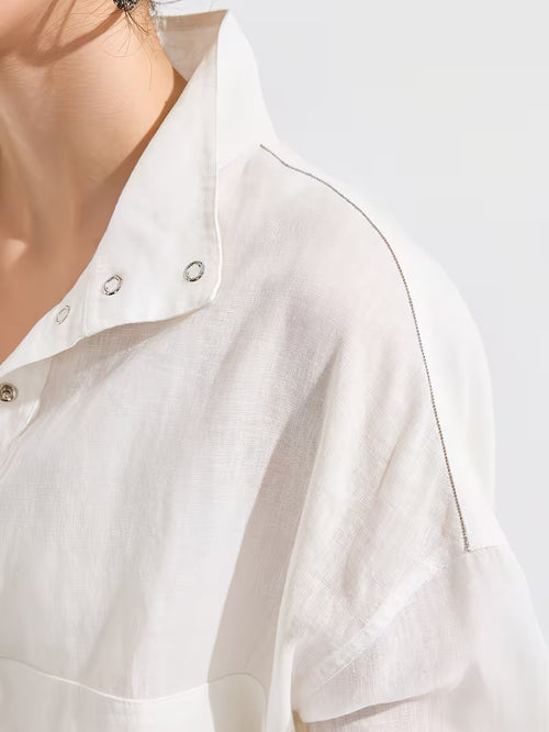 100% Linen Jacket | Elegant High Neck, Single Breasted, Button Details, Flared Hem, Long Sleeve | Serathinan