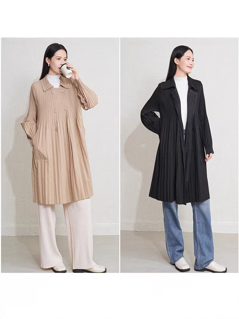 Elegant Pleated Trench Coat for Women, Loose Fit Lapel Long Outerwear with Minimalist High-End Style