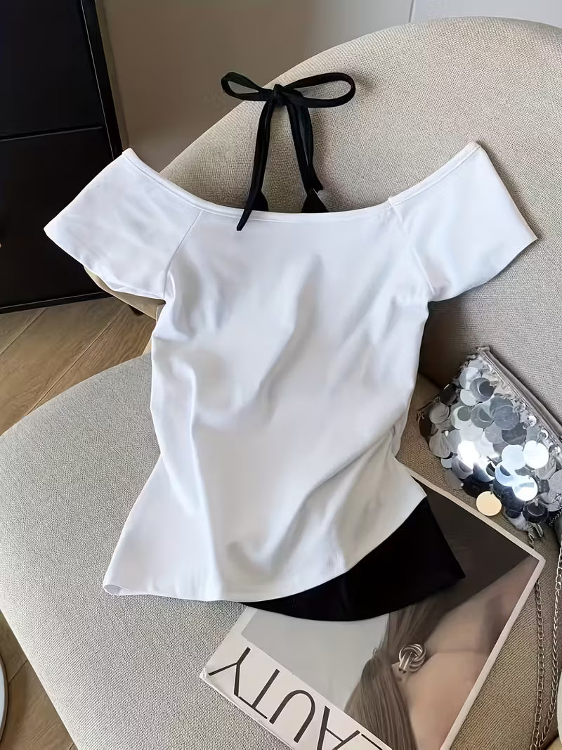Letter Print Short-Sleeve T-Shirt for Women | Summer Design, Unique Faux Two-Piece Top, Trendy Halter Tank Top for Layering or Wearing Alone, Cropped Style