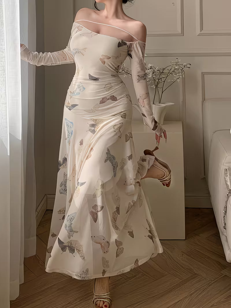 Women's Mesh Butterfly Print Off-Shoulder Slim-Fit Long Sleeve Dress