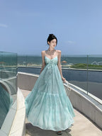 Summer New Blue Suspender Dress for Women, Beach Vacation Style, Off-Shoulder Long Dress with Backless Design