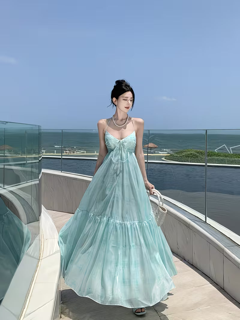 Summer New Blue Suspender Dress for Women, Beach Vacation Style, Off-Shoulder Long Dress with Backless Design
