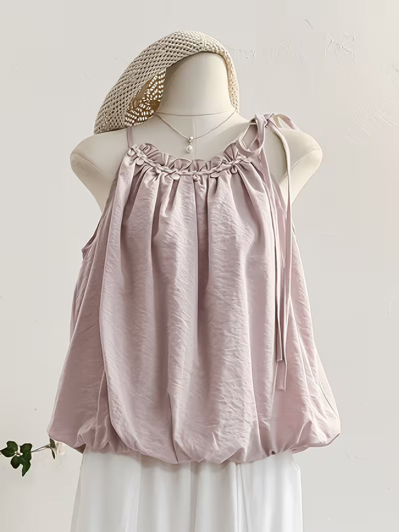Summer New Pink Tie-String Off-Shoulder Sleeveless Vest Shirt Sweet Age-Reducing Short Puff Sleeve Blouse Top