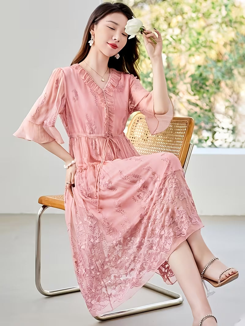 New Mulberry Heavy Embroidery Solid Color Midi Dress for Women, Pure Dress