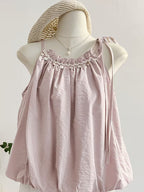 Summer New Pink Tie-String Off-Shoulder Sleeveless Vest Shirt Sweet Age-Reducing Short Puff Sleeve Blouse Top