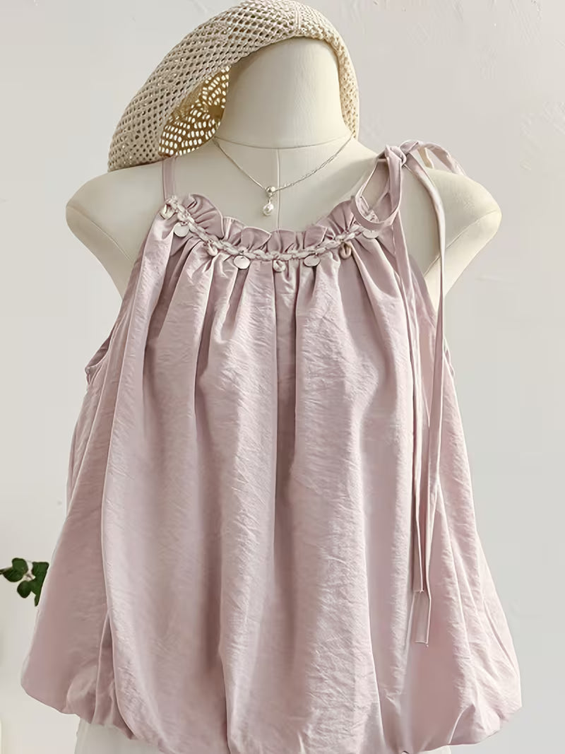 Summer New Pink Tie-String Off-Shoulder Sleeveless Vest Shirt Sweet Age-Reducing Short Puff Sleeve Blouse Top