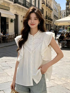 Women's French Style White Embroidered Stand Collar Ruffle Sleeve Blouse Elegant Soft Style Top