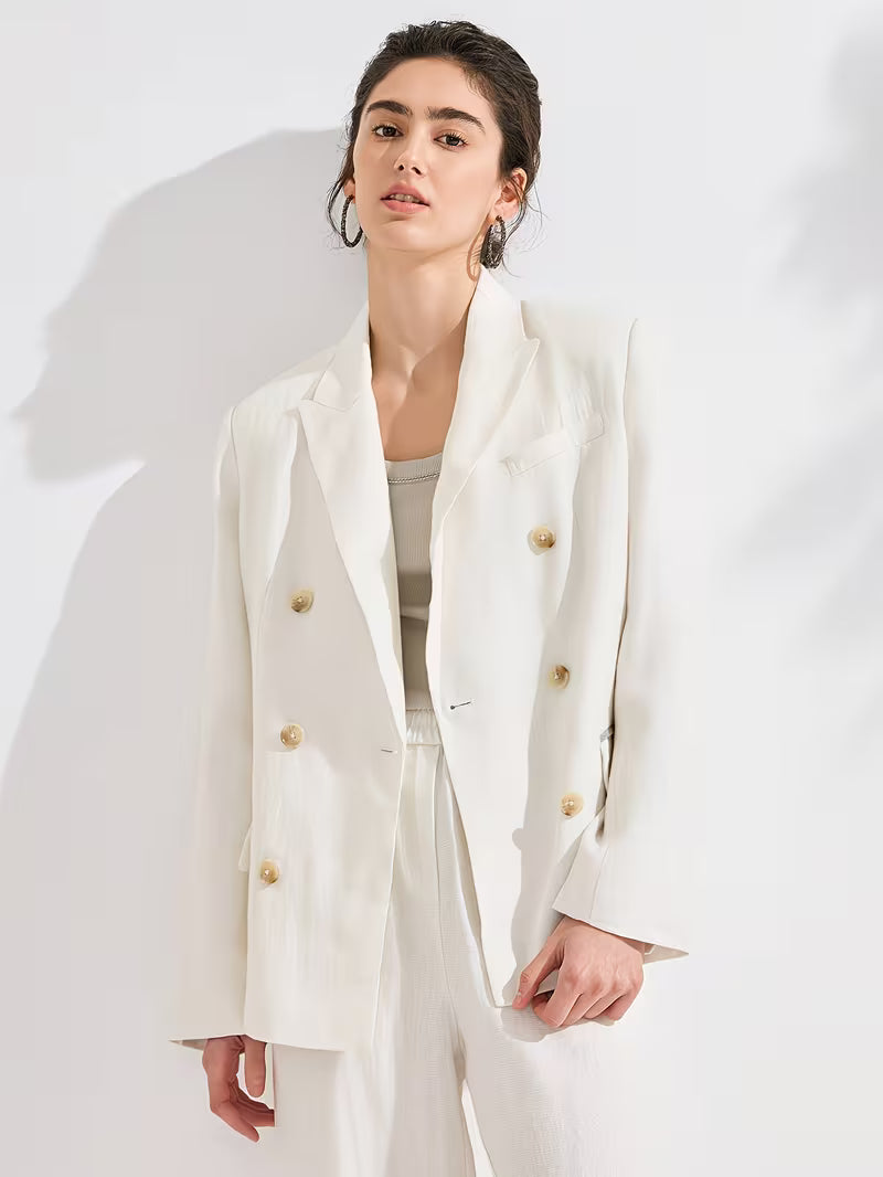 Women's Luxury Linen Blazer, 95% Linen with 100% Lining, Italian Inspired Double-Breasted Relaxed Fit Jacket, Lightweight Breathable Fabric