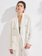 Women's Luxury Linen Blazer, 95% Linen with 100% Lining, Italian Inspired Double-Breasted Relaxed Fit Jacket, Lightweight Breathable Fabric