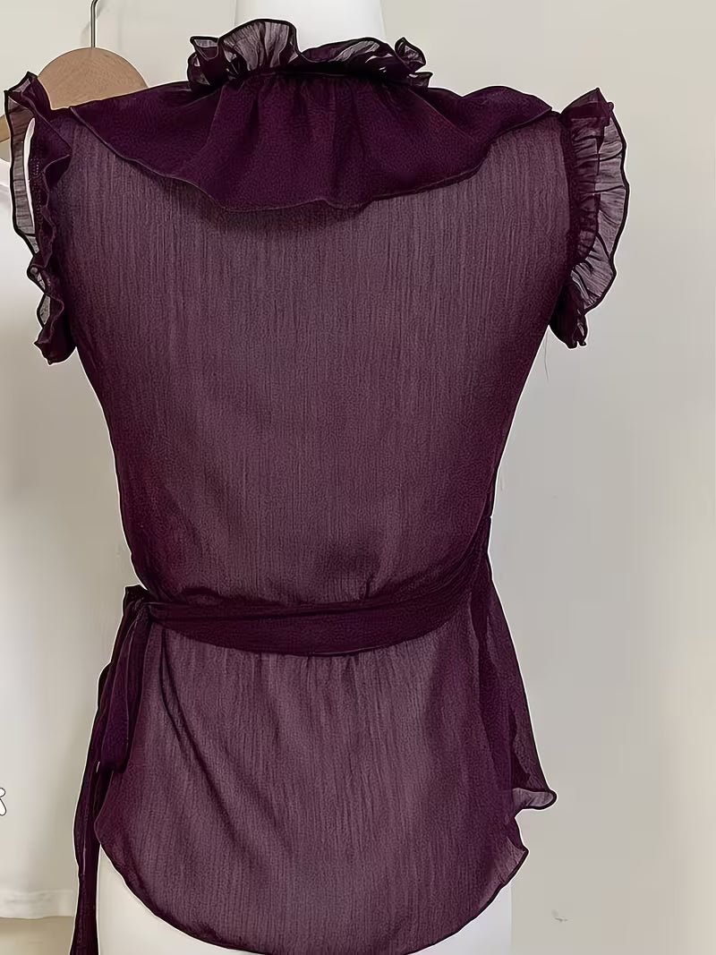 Summer New Purple Ruffled Flutter Sleeves Chiffon Blouse Women'S Sensual Ethereal Waist-Cinching Sleeveless Temperament Top