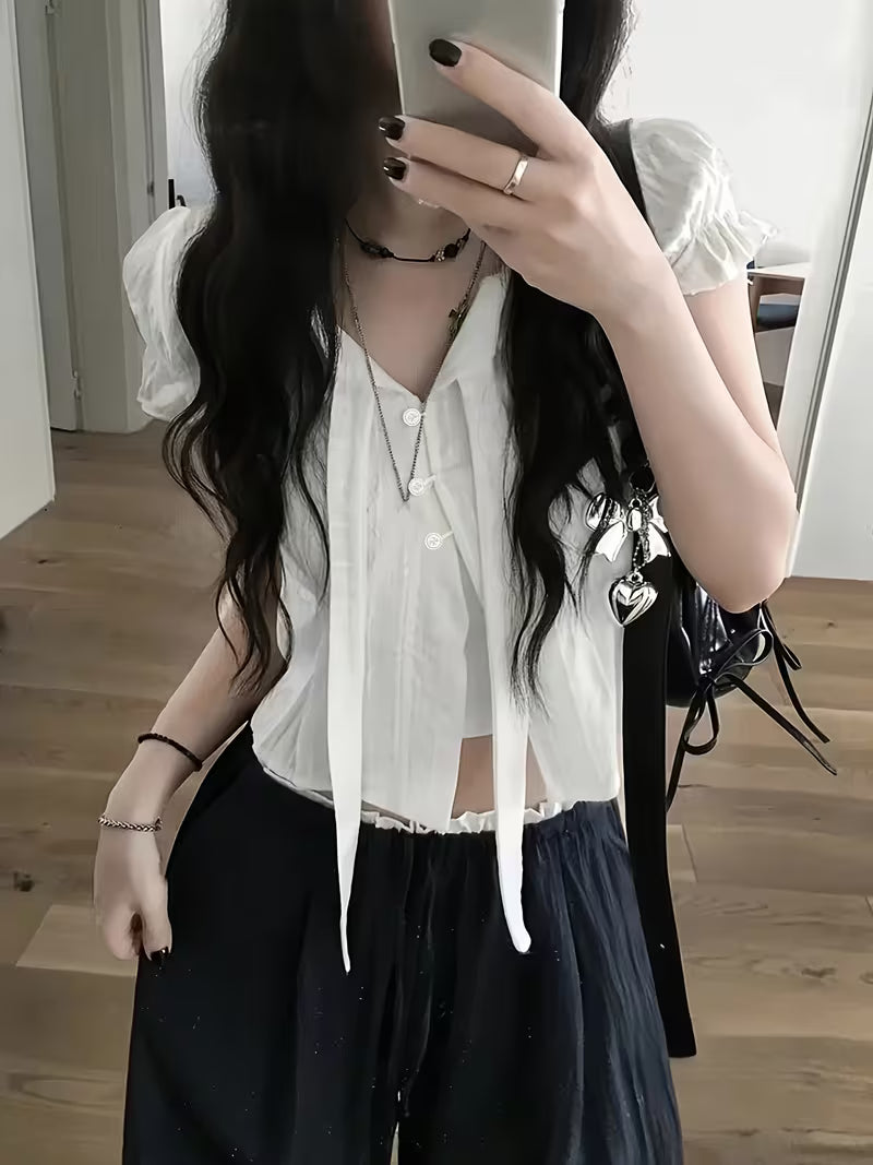 Korean Style New V-Neck Tie-Up Short Sleeve Shirt for Women, Textured Ruched Ruffle Waist-Cinching Cropped Top, Gentle Blouse for Commuting and Dating