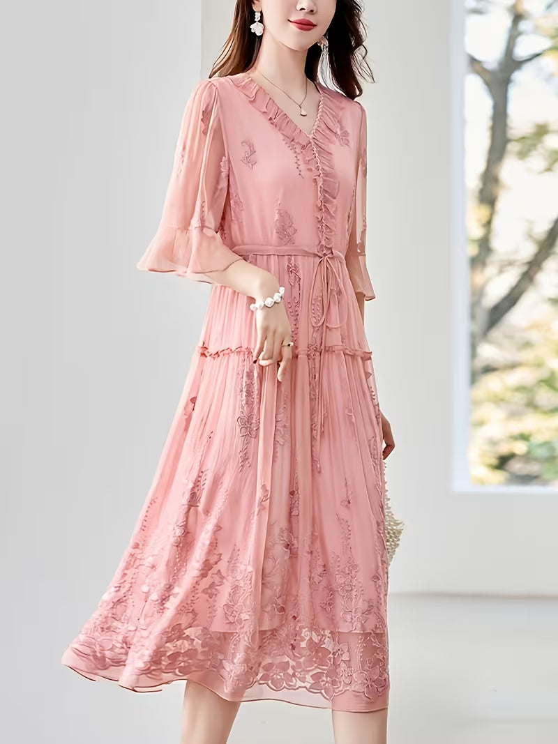 New Mulberry Heavy Embroidery Solid Color Midi Dress for Women, Pure Dress
