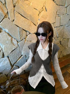 Summer Patchwork Fake Two-Piece Collar Casual Long Sleeve Fashion Easy Style Shirt