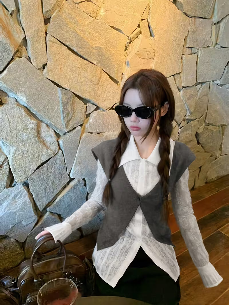 Summer Patchwork Fake Two-Piece Collar Casual Long Sleeve Fashion Easy Style Shirt