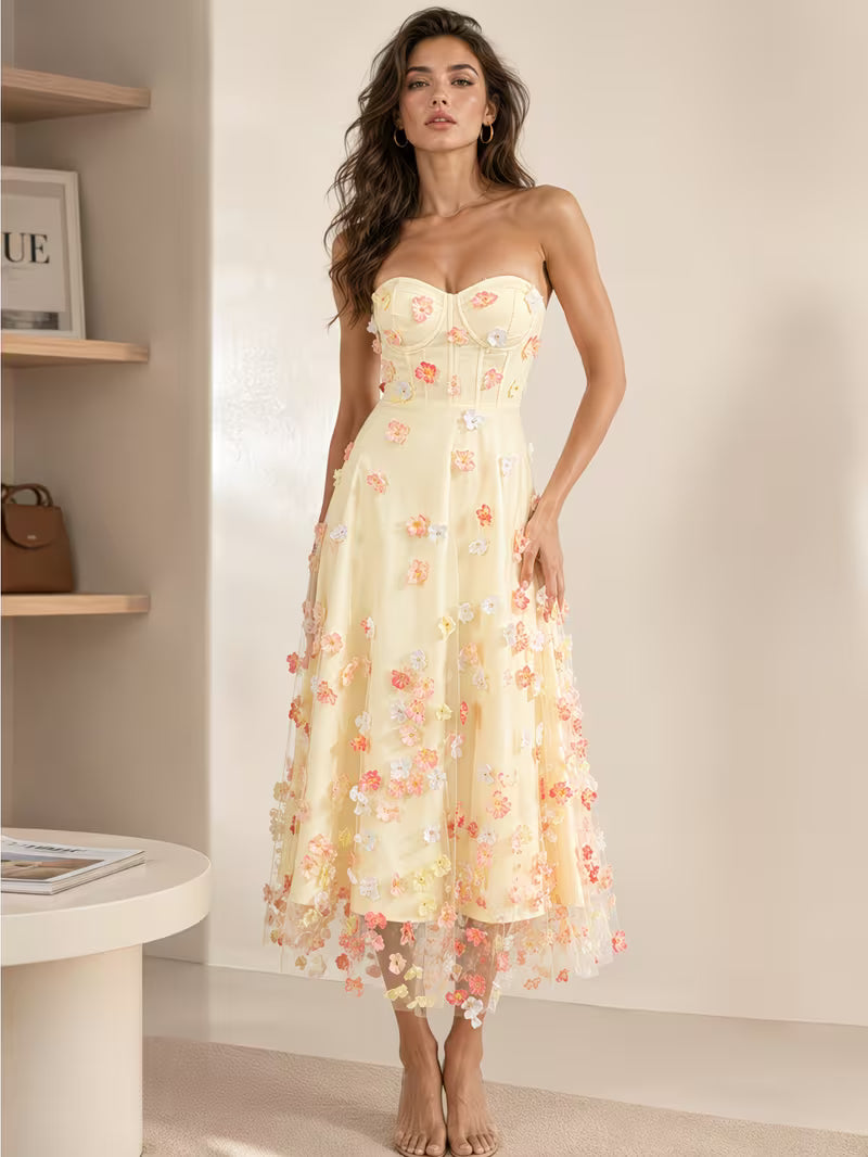 Women's Strapless Floral Embroidered Long Dress, Relaxed Silhouette for Date Night Vacation Daily Wear