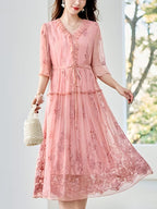 New Mulberry Heavy Embroidery Solid Color Midi Dress for Women, Pure Dress