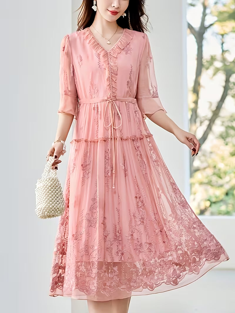 New Mulberry Heavy Embroidery Solid Color Midi Dress for Women, Pure Dress