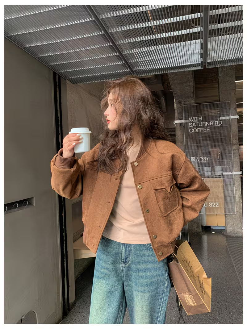 New American Retro Baseball Jacket Women, Small Short Locomotive Style Cardigan Jacket Loose and Thin Versatile Top Ins Tide