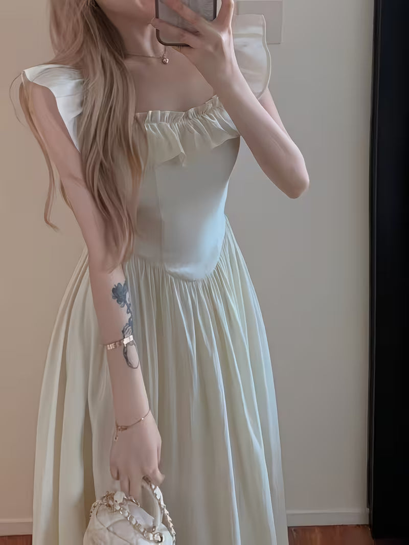Women'S Summer French Sweet Waist- Dress, Stunning Vacation Long Dress, Ruffle Square Neck Flutter Sleeve Dress