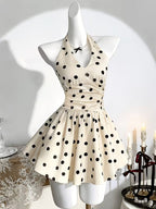 Cream Black Polka Dot Halter Neck Short Skirt, Gentle Style V-Neck Ruffled High-Waist Sweet A-Line Princess Dress