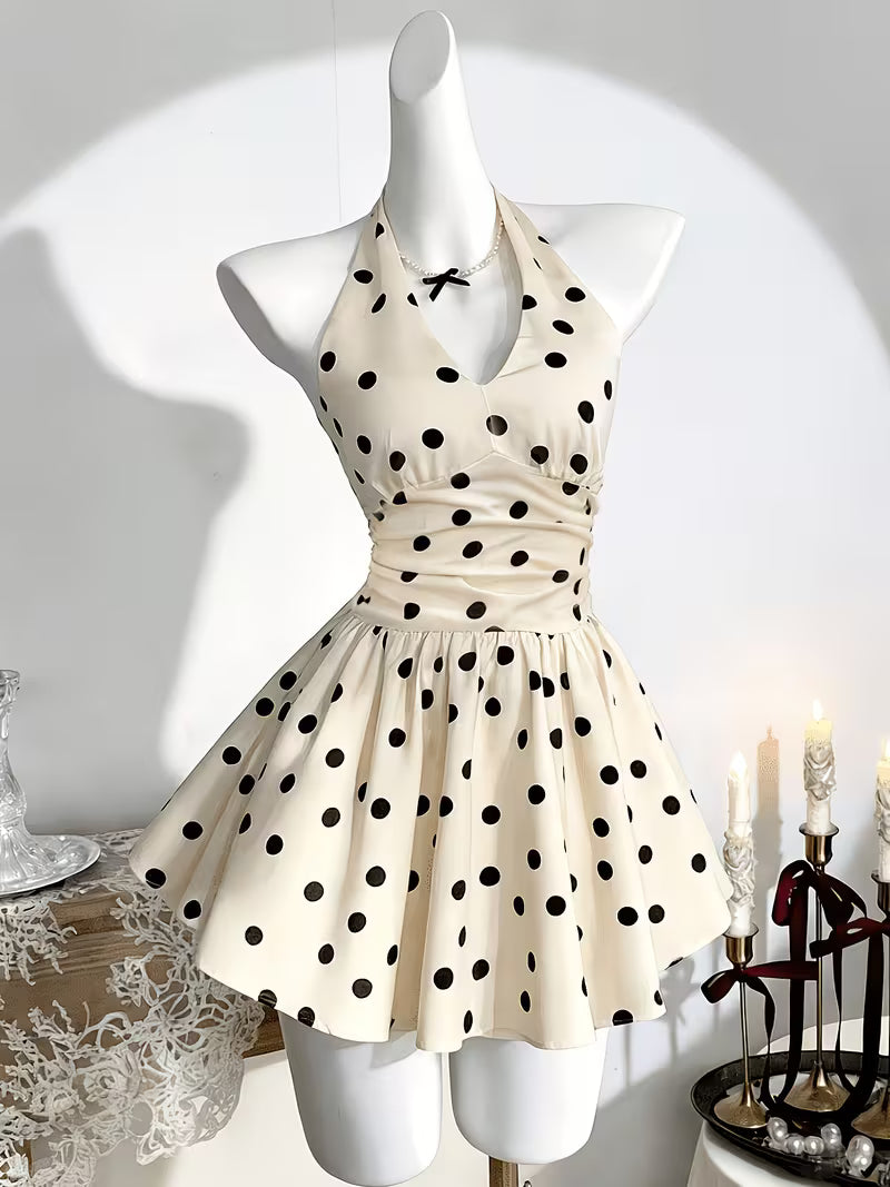 Cream Black Polka Dot Halter Neck Short Skirt, Gentle Style V-Neck Ruffled High-Waist Sweet A-Line Princess Dress