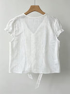 Korean Style New V-Neck Tie-Up Short Sleeve Shirt for Women, Textured Ruched Ruffle Waist-Cinching Cropped Top, Gentle Blouse for Commuting and Dating