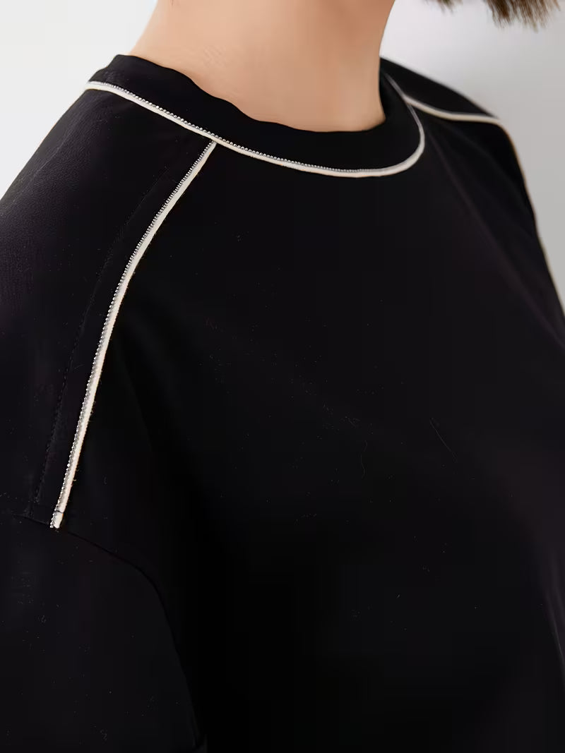 Women'S Spring And Summer T-Shirt with Short Sleeves, Crew Neck, Relaxed Fit, Drop Shoulders, Contrast Stitching, Curved Hem