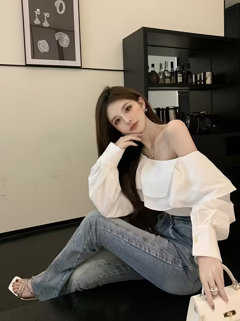 Elegant Off-Shoulder Blouse for Women with a Directional Design And Ruffled Details