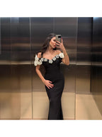 Women Off-Shoulder Mermaid Formal Maxi Dress Floral Decor Fitted Waist Evening Gown Elegant Outfit for Wedding Guest Prom Red Carpet Banquet Party