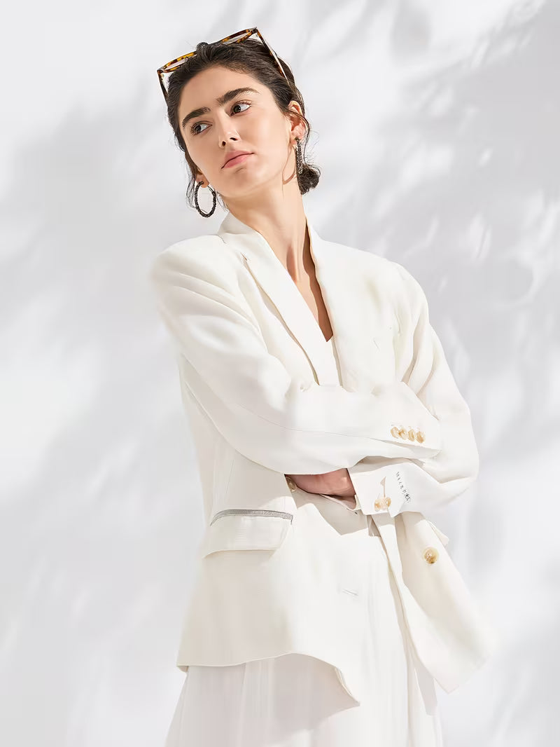 Women's Luxury Linen Blazer, 95% Linen with 100% Lining, Italian Inspired Double-Breasted Relaxed Fit Jacket, Lightweight Breathable Fabric