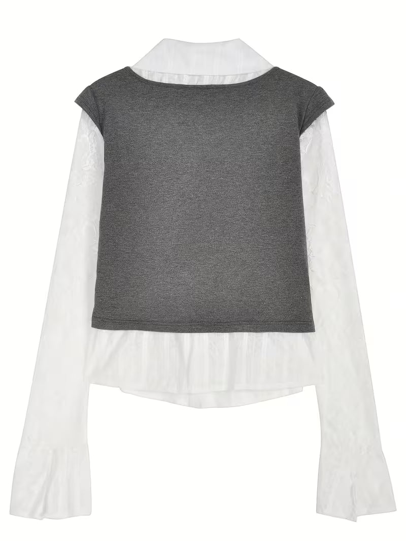 Summer Patchwork Fake Two-Piece Collar Casual Long Sleeve Fashion Easy Style Shirt