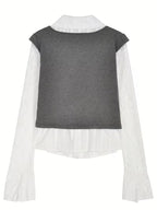 Summer Patchwork Fake Two-Piece Collar Casual Long Sleeve Fashion Easy Style Shirt