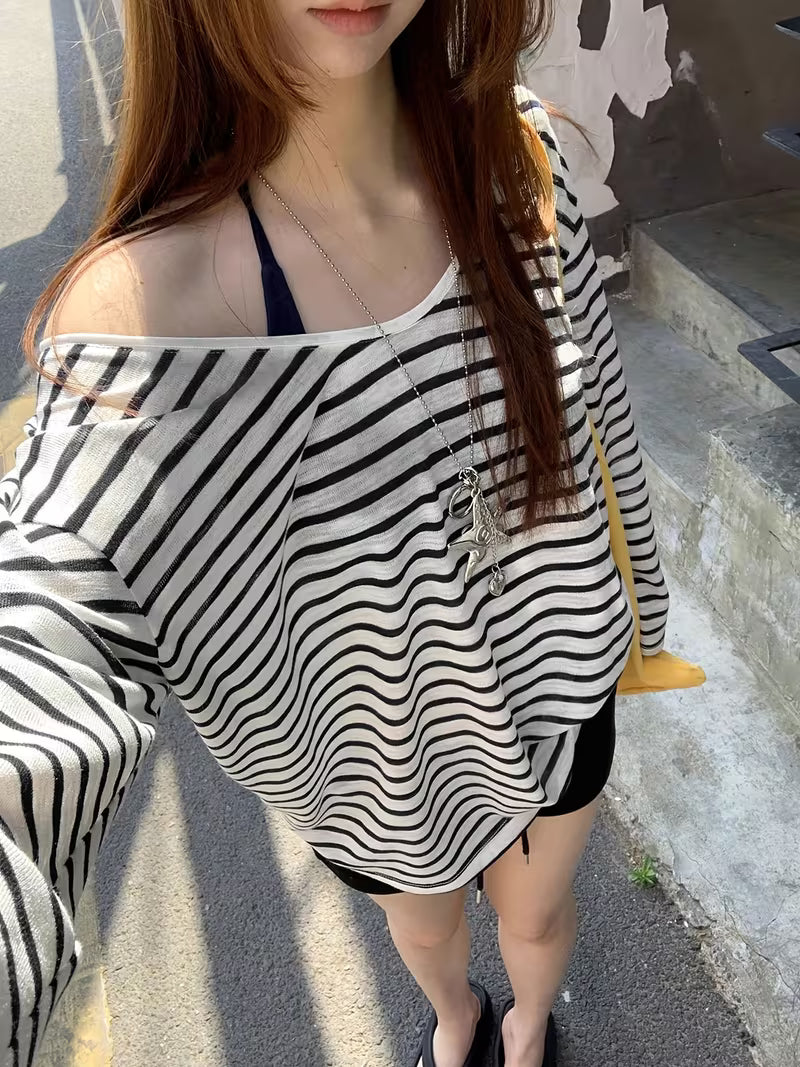 Women's Y2K Off-Shoulder Cover-Up Top - Striped Semi-Sheer Blouse Shirt with Medium Stretch, Loose Beachwear Suitable for Poolside, Bathing Suit Layering